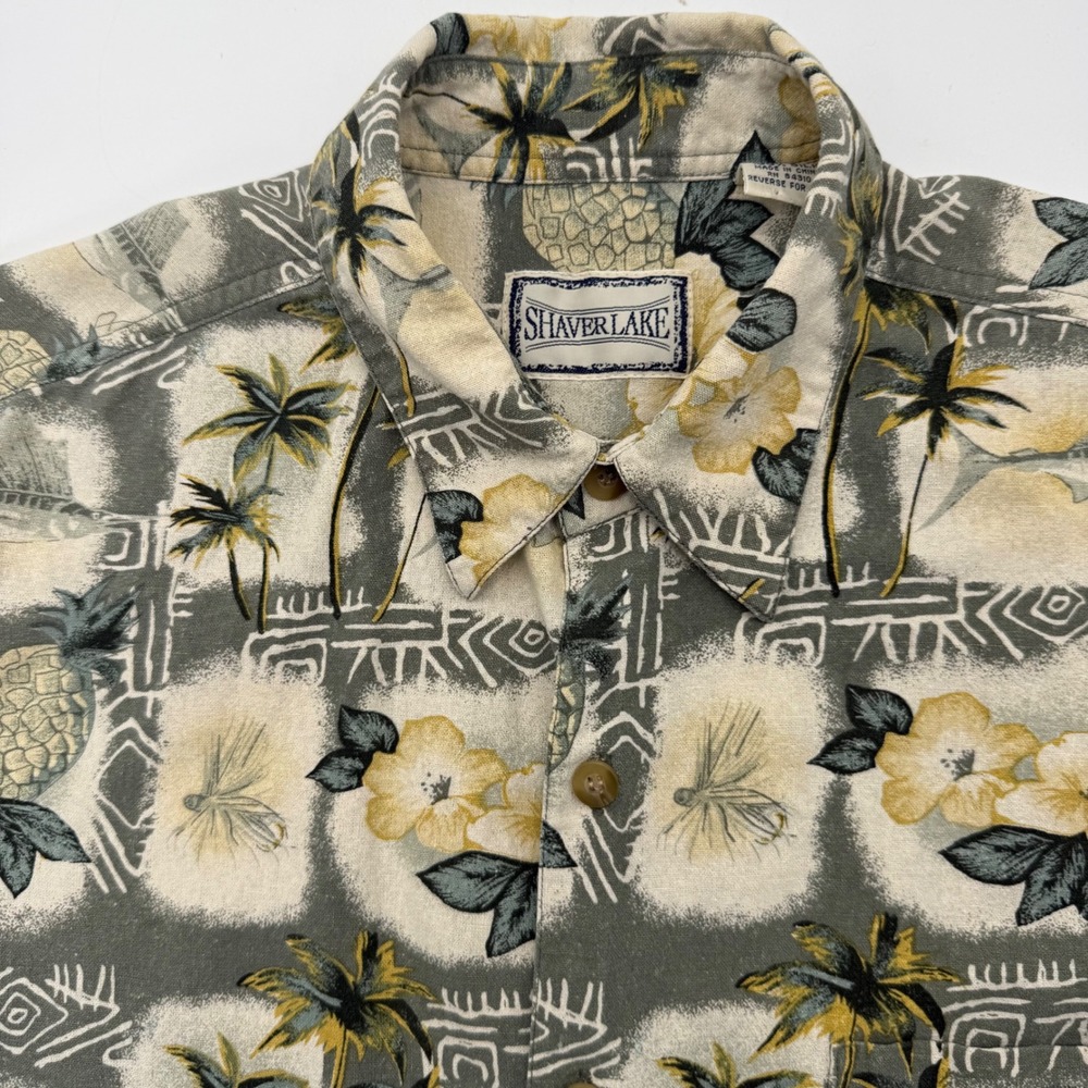 Shaver Lake Button Down Men Large Green Silk Tropical Pineapple Hawaiian Shirt